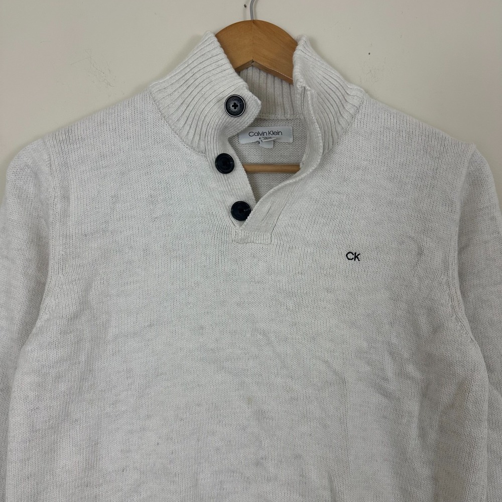 Calvin Klein Sweater White Tight Knit Cotton Long Sleeve Mock Neck Boys L 14/16